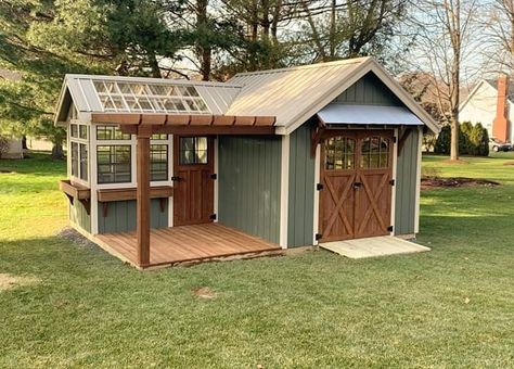 Shed House Porch Ideas, Shed To Tiny House Exterior, Sheshed Exterior Ideas, Add On To Shed How To Build, Greenhouse Off Shed, Exterior Shed Wall Ideas, Backyard Garden House, Potting Shed With Greenhouse, Backyard Shed With Porch