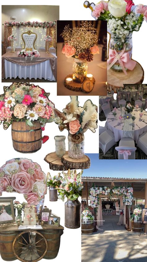 Vaquera Quinceanera Centerpieces, Quince Outdoor Ideas, Boho Chic Quinceanera Theme, Rancho Quinceanera Theme Pink, Barn Quinceanera Ideas, Pink Rancho Quince, Small Backyard Quinceanera Ideas, Cowboy Quinceanera Ideas, Quince Rancho Theme