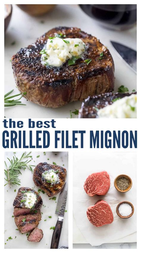 This beginner foolproof method for grilled filet mignon will turn your home into a Michelin kitchen with only 3 ingredients. It'll be your go-to for when you need an easy but fancy-looking weeknight dinner! The key is getting the grill really hot! #steakdinner #grilledsteak #filetmignon #grilledfiletmignon #howtocooksteak Grilling A Filet Mignon, Best Grilled Filet Mignon Recipe, Grilled Fillet Mignon Recipes, Best Way To Cook Filet Mignon On Grill, Grilled Fillet Mignon, Cooking Filet Mignon Grill, Grilled Filet Mignon How To Cook, Filet Steak Marinade, Filet Mignon On The Grill