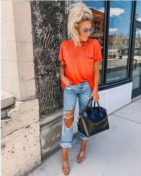 Orange Shirt Outfit, Knee Heels, Tan Booties, Blue Ripped Jeans, Orange Outfit, Orange Blouse, Orange T Shirts, Orange Shirt, Leggings Pattern