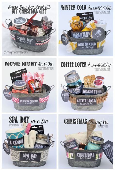 Gifts In A Tin ~ Some wonderful ideas! All 6 gift basket ideas come with free tags and labels, and a list of suggested items... Snow Day Survival Kit, Winter Cold Survival Kit, Movie Night in a Tin, Coffee Lover Survival Kit, Spa Day in a Tin, Christmas Baking Kit: 10 Secret Santa Gifts, Joululahjat Diy, Jul Diy, Baby Shower Candy Bar, Baby Shower Candy, Gifts Wrapping, Baking Kit, Navidad Diy, Cadeau Diy