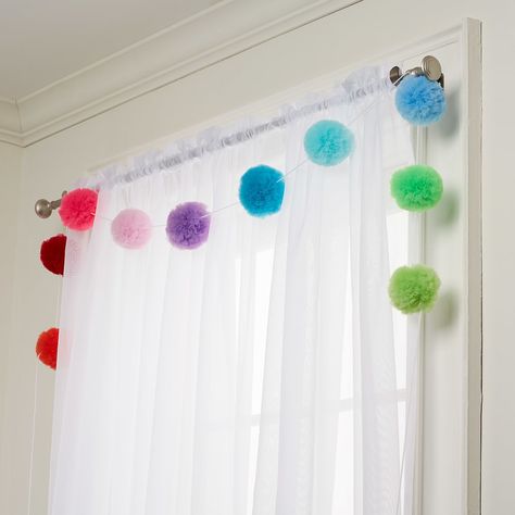 Colorful Tulle Pom-Pom Garland Clover Pom Pom Maker, Tulle Poms, Diy Decoracion, Pom Garland, Pom Pom Maker, Pom Pom Crafts, Pom Pom Garland, Easter Crafts For Kids, Mason Jar Diy