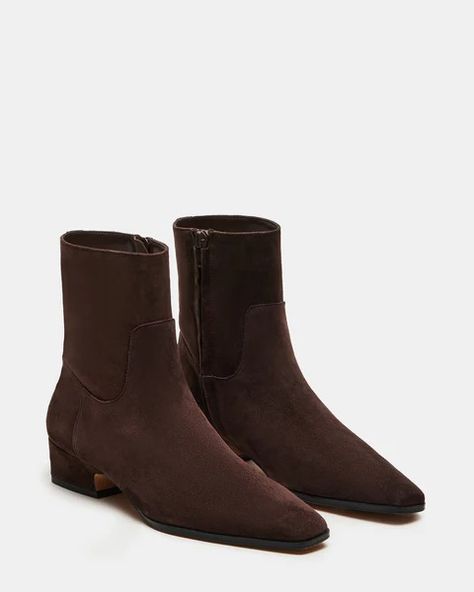 DUSTY Chocolate Brown Suede Ankle Bootie | Women's Booties – Steve Madden Dark Brown Suede Boots Women, Brown Low Heel Boots, Chocolate Suede Boots, Brown Flat Ankle Boots Outfit, Flat Ankle Boots Outfit, Suede Booties Outfit, Brown Booties Outfit, Casual Boots Outfit, Suede Brown Boots