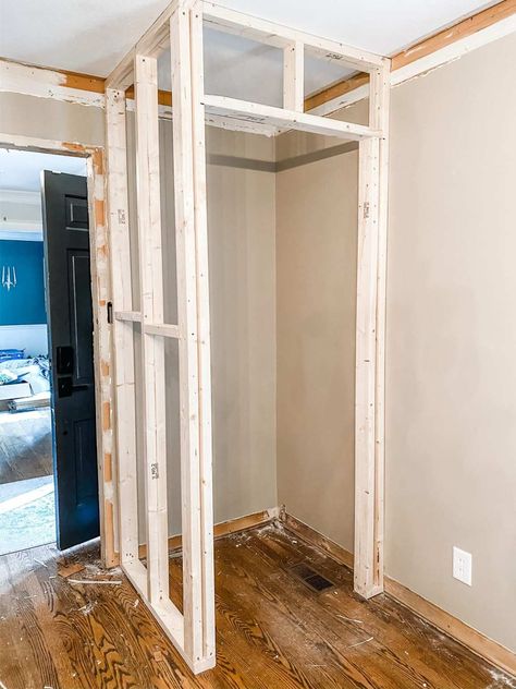 Build A Bedroom Closet, Diy Extra Room How To Build, How To Frame Out A Closet, Build A Closet Wall, Diy Freestanding Closet With Doors, Linen Closet Build, Framing A Door, Building A Closet In A Room Diy, Build A Closet In A Room