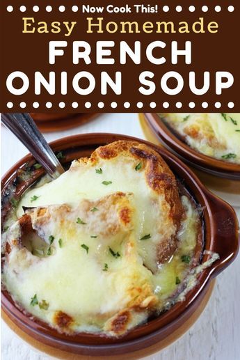 This Easy Homemade French Onion Soup has lots of yummy, sweet caramelized onions in a flavorful broth topped with toasted bread and gooey, melted cheese. It's super simple to make right in your own kitchen. Get the recipe and give it a try! #homemadefrenchonionsoup #frenchonionsoup #onionsoup #soup | nowcookthis.com Homemade French Onion Soup, Meat Stock, Onion Soup Recipe, French Onion Soup Recipe, Onion Soup Recipes, Toasted Bread, Cheesy Bread, French Onion Soup, Easy Soups