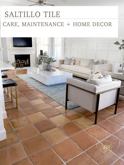 Saltillo tile and grout care is easy, with this awesome step by step guide that includes all the products you need. Tile Floor Decor Living Room, Tile Living Room Decor, Spanish Tiles Living Room, Living Room Decor Tile Floor, Saltillo Floor Living Room, Spanish Floor Tiles Living Room, Living Rooms With Tile Floors, Terracotta Tile Floor Living Room, Tile Floor Throughout House