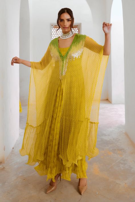 Shop for these amazing collections of Green Chiffon Print Sequins V Ombre Embroidered Kaftan For Women by Pallavi Jaipur online at Aza Fashions. Ombre Embroidery, Green Kaftan, Cocktail Outfits, Kaftan Pattern, Kaftan Women, Carnival Dress, Kaftan For Women, Embroidered Kaftan, Haldi Outfit