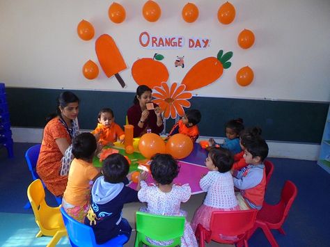 Orange Colour Day Celebration In School, Orange Colour Day Activities For Kids, Orange Day Celebration In Preschool, Orange Colour Day, Nursery Classroom, Orange Craft, Orange Balloons, Thumb Prints, Orange Decor