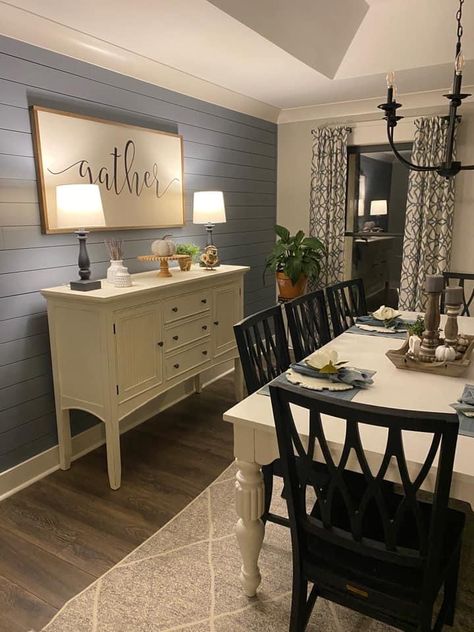 Dining Room Makeover Farmhouse, Second Dining Room Ideas, Eat In Kitchen Decor Ideas, Wherein Williams Rainstorm, Dinning Room Kitchen Combo, Wherein Williams Storm Cloud, Small Dining Room Ideas Farmhouse, Storms Coming Paint Color, Sherwin Williams Storm Cloud Bedroom