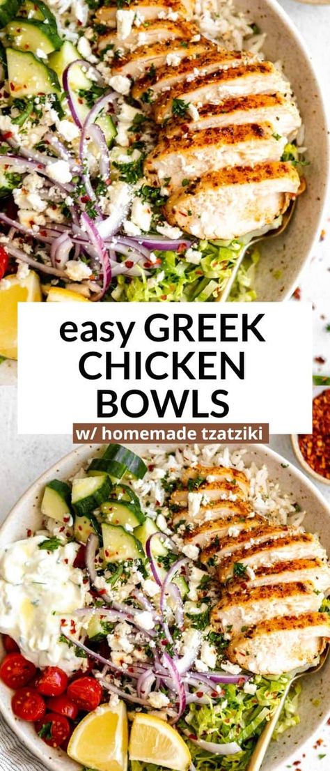 These lemon herb greek chicken bowls are easy to make, healthy and perfect for meal prep. These bowls are high in protein, loaded with veggies and gluten free with homemade tzatziki. Easy Greek Chicken Bowls, Healthy High Protein Breakfast Recipes, Meditrainian Bowl, Heathly Dinners For Families Easy, Greek Bowls Chicken, High Protein Bowls Low Carb, Protien Meals Bowls, Chicken Greek Bowls, High Protein Summer Meals