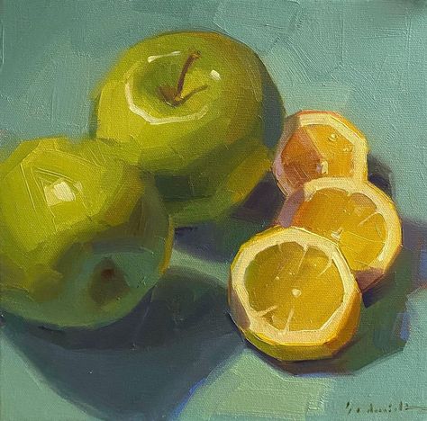 Sarah Sedwick on Instagram: ““Lemon Wheels on Teal” 10 x 10 inches, oil on canvas. I find analogous color schemes so soothing! . . Available! $350. DM to make it…” Sarah Sedwick, Soothing Art, Analogous Color, Analogous Color Scheme, Vegetable Painting, Pallet Painting, Art Classes, Apples, Oil On Canvas