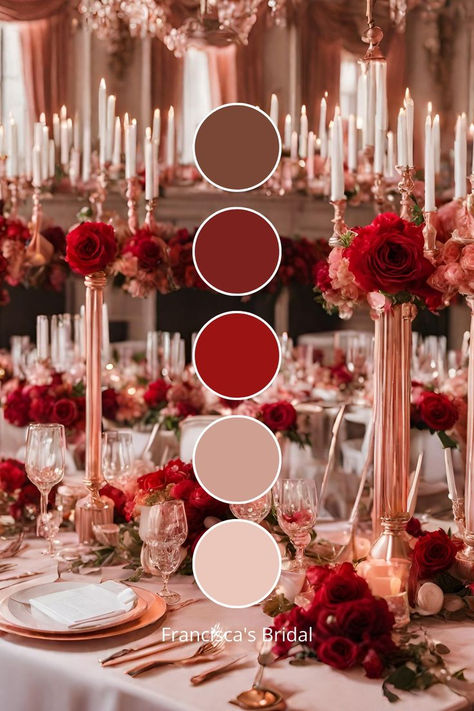 Create an unforgettable wedding reception with this luxurious red and rose gold table setting. The rich red roses are perfectly complemented by rose gold candle holders and elegant glassware, creating a sophisticated and romantic atmosphere. The warm color palette, featuring shades of red, rose, and blush, enhances the opulence of the setting, making it perfect for a grand celebration. #WeddingTableSetting #LuxuryWedding #RedAndGoldWedding #ElegantReception Spring Wedding Theme Ideas, Color Ideas Wedding, Spring Wedding Color Ideas, Spring Wedding Theme, Wedding Theme Ideas, Wedding Color Ideas, Decor Gift Ideas, Wedding Planning Decor, Wedding Color