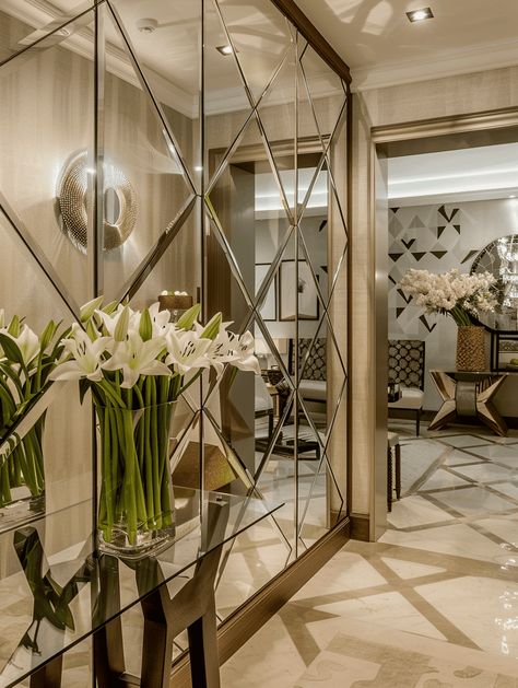 Narrow Entryway Ideas: Mirrored Wall with Geometric Patterns Entrance Wall Mirror Ideas, Hall Mirror Ideas Narrow Hallways, Passage Mirror Ideas, Wall Design With Mirror, Mirror Wall Hallway, Mirror Design Wall Entryway, Hall Mirror Ideas, Narrow Wall Decor Ideas, Condo Entryway Ideas