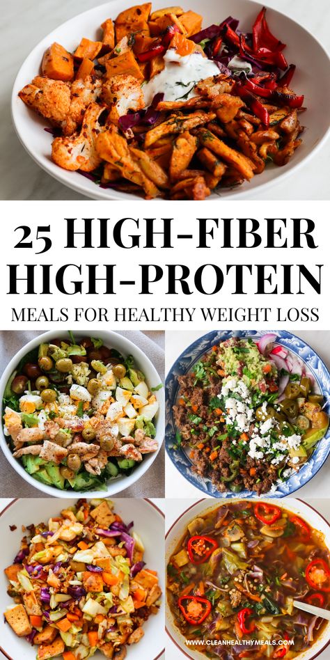 These high-fiber high-protein meals will keep you satiated! These are perfectly balanced healthy recipes for breakfast, lunch and dinner! Body Recomposition Recipes, Meals High In Fiber And Protein, High Fibre And Protein Meals, Fiber Packed Meals, High Fiber Carbs List, High Fiber Bowls, High Protein Balanced Meals, Mediterranean Diet Recipes High Protein, High Protein High Fiber Meals Low Carb