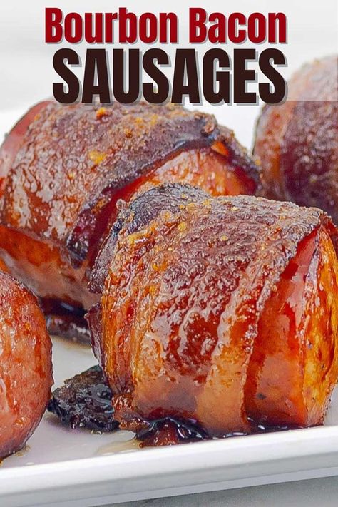 Bacon Wrapped Conecuh Sausage, Smoked Sausage Wrapped In Bacon, Smoked Bacon Wrapped Sausage, Bacon Wrapped Sausages With Brown Sugar, Sausage Bacon Wraps Appetizers, Smoked Sausage And Bacon Recipes, Smoked Bacon Appetizers, Bacon Wrapped Sausage Bites, Bacon Party Food