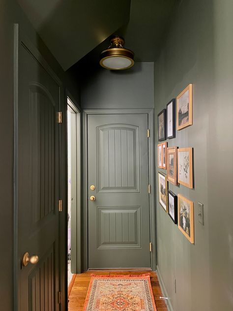 Hallway Accent Color, Hallway All One Color, Walls And Ceiling Same Color Hallway, One Colour Hallway, Dark Wall Hallway, One Color Hallway, Safe Green Hallway, Monochrome Room Paint, Green Hallway Doors