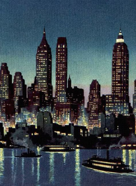 New York Drawing, Roger Wilkerson, New York Illustration, Nyc At Night, Skyline Drawing, Cityscape Wallpaper, New York Painting, Skyline Painting, Watercolor City