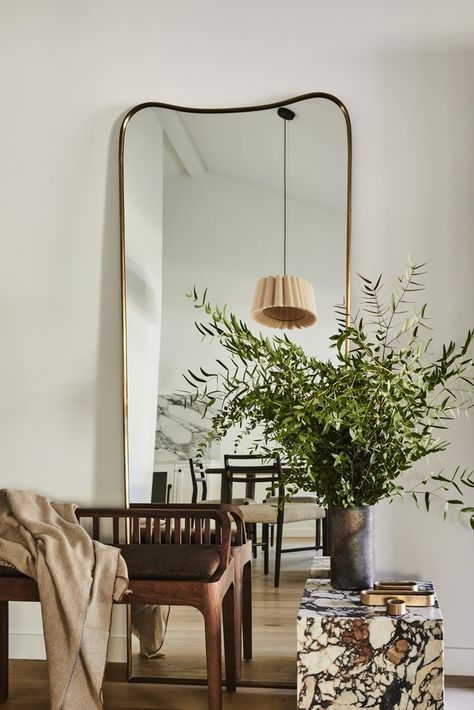 Disc Interiors, Brown Chair, Entryway Mirror, California Cool, Brown Living Room, Rectangle Mirror, Round Mirror, Custom Bed, House Inspo