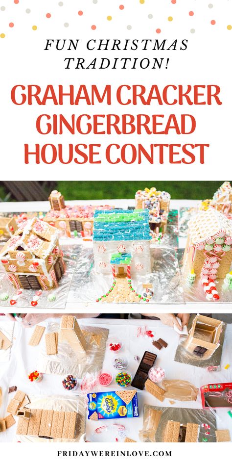 Group Gingerbread House Making, Gingerbread House Games, Family Gingerbread House Contest, Gingerbread House Competition Party, Graham Cracker House Ideas, Gingerbread Contest Ideas, Graham Cracker Gingerbread House Ideas, Gingerbread House Graham Crackers, Gingerbread House With Graham Crackers