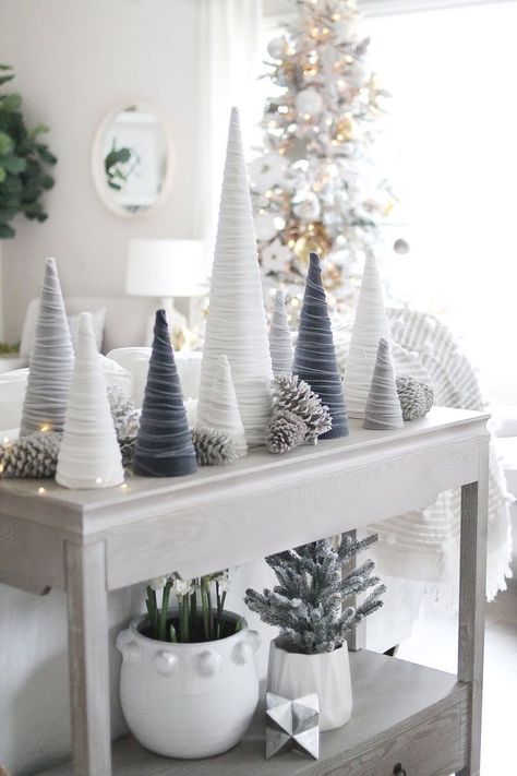 All White Christmas, Christmas House Tour, Christmas Cones, Cone Christmas Trees, Christmas Decor Inspiration, Christmas White, Christmas Decorations For The Home, Indoor Christmas, Christmas Decor Ideas