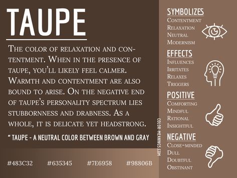 Taupe Color Meaning - The Color Taupe Symbolizes Relaxation and Contentment What Do Colors Mean, Colour Psychology, Color Healing, Color Symbolism, Colors And Emotions, Color Meanings, Color Magic, French Words, Color Psychology