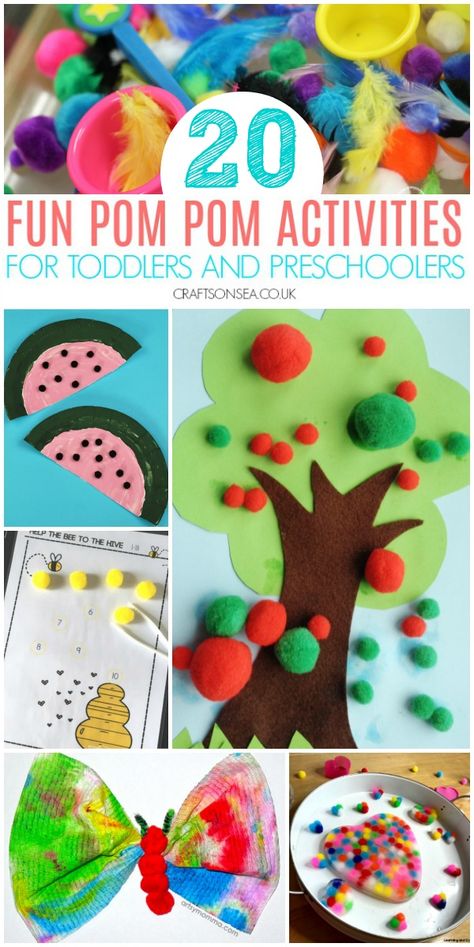 20 Easy and Fun Pom Pom Activities for Toddlers and Preschoolers #pompom #eyfs #preschool #toddler Pom Pom Crafts For Toddlers, Pom Pom Patterns Preschool, Pom Pom Ball Activities, Toddler Activities With Pom Poms, Pom Pom Toddler Activities, Duck Crafts, Easy Crafts To Sell, Sheep Crafts, Sweet Paper