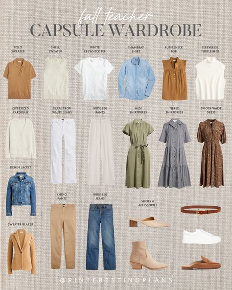 Teacher Fall Capsule Wardrobe 2023 - Pinteresting Plans Capsule Wardrobe Teacher, Teacher Wardrobe Capsule, Fall Capsule Wardrobe 2023, Capsule Wardrobe 2023, Teacher Capsule Wardrobe, Capsule Wardrobe Dresses, Appropriate Outfits, Business Casual Dress Code, Capsule Wardrobe Casual