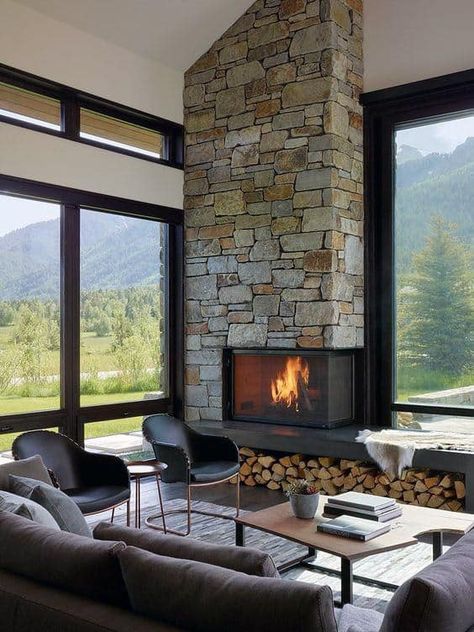 Top 70 Best Corner Fireplace Designs - Angled Interior Ideas Design Camino, Interior Design Per La Casa, Living Area Design, Corner Fireplace, Trendy Living Rooms, Big Windows, Home Fireplace, Modern Fireplace, Design Del Prodotto