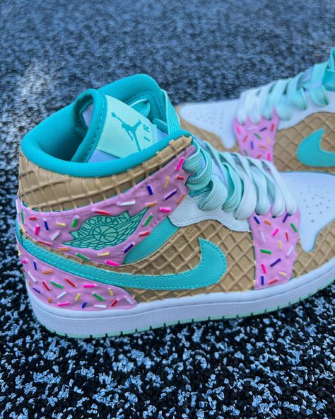 We are releasing a new flavor tomorrow called Strawberry Mint Ice cream Jays in limited quantities! What do you think? Tell a friend!! 🍓🍃 Sign up to be notified in stories! #shoebakery #customshoes #handmade #icecreamshoes #customs #customjordans #customsneakers Shoe Bakery, Nike Shoes Women Fashion, Nike Products, Pretty Sneakers, Custom Shoes Diy, Mint Ice Cream, Strawberry Mint, Nike Fashion Shoes, Preppy Shoes