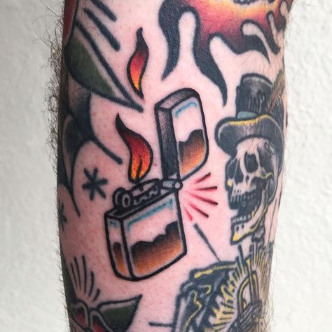 Spencer Harrington on Instagram: “Another freehand filler session on my boy Max last month 🔥 getting close dude. As always, thanks for the dedication” Old School Tattoo Gap Fillers, American Traditional Zippo Tattoo, American Trad Gap Fillers, Old School Lighter Tattoo, American Traditional Lighter Tattoo, Trad Tattoo Gap Fillers, Trad Gap Filler Tattoos, American Traditional Gap Filler Tattoos, Lighter Tattoo Traditional