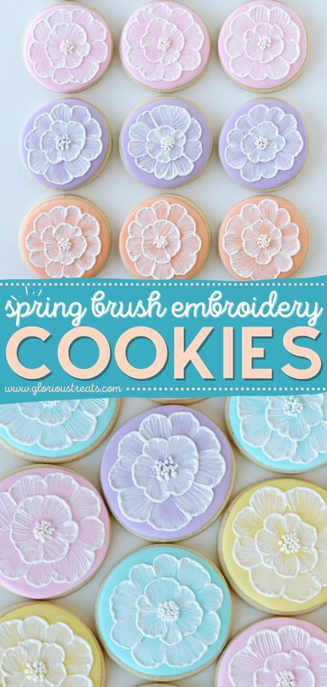 Spring Brush Embroidery Cookies, easy cookie recipes, easy to make sweet treats Easy Easter Sugar Cookie Decorating, Royal Icing Brush Embroidery, Easter Egg Sugar Cookies Decorated Easy, Cookies With Flowers On Them, Decorating Royal Icing Cookies, Easy Flower Cookies Royal Icing, Easy Flower Cookies Decorated, Easy Royal Icing Flowers, Simple Cookie Design Royal Icing