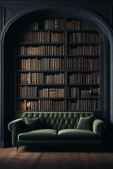 Dark Blue Wall Green Sofa, Dark Velvet Aesthetic, Dark Wall Library, Moody Dark Home, Moody Library Wallpaper, Goth Library Aesthetic, Vintage Library Aesthetic Room, Forest Green Library, Dark Academia Bookcase