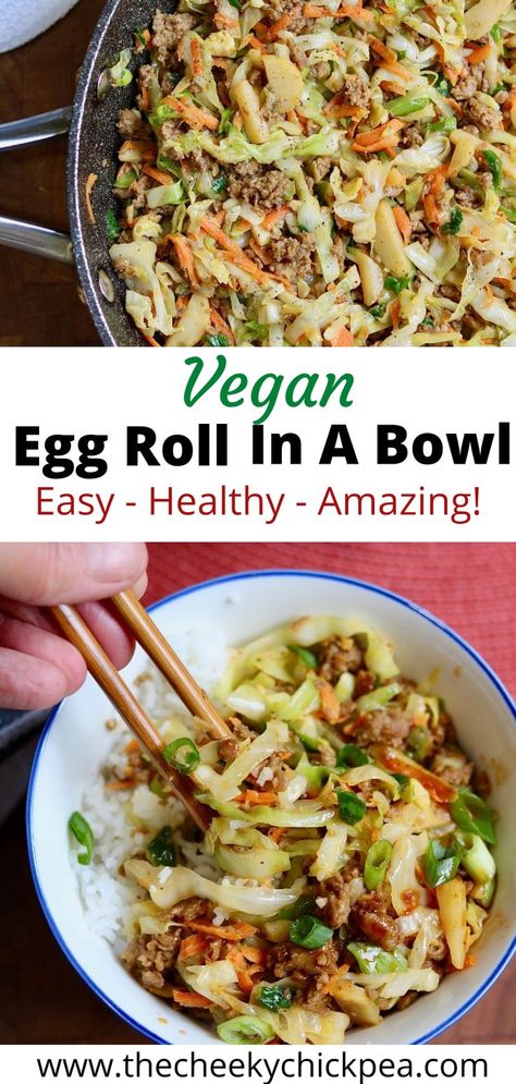 Vegan Eggroll In A Bowl Recipe, Eggroll In A Bowl Recipe Vegetarian, Vegan Carb Free Recipes, Vegan Recipes No Carb, Low Carb Plant Based Dinner, Carb Free Vegan Recipes, 20 Minute Plant Based Meals, Vegetarian Recipes With Cabbage, Egg Roll In A Bowl Vegan