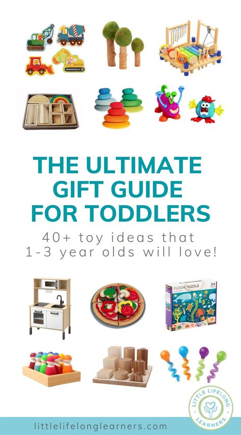 The ultimate gift guide for toddlers by Little Lifelong Learners. Check out this list of our favorite toddler toys, books, and resources! Our toddler play directory features 48 toy and gift ideas your toddler will love and includes a variety of puzzles, blocks, Grimm's toys, Montessori toys, and open-ended toys to inspire imaginative play and play-based learning. Take a look at our top picks for toys for 1 year olds, 2 year olds, and 3 year olds! Open Ended Toys For Two Year Olds, 2 Year Montessori Toys, Open Ended Toys For Toddlers, Montessori Toys 2-3, Toys For Two Year Olds, Grimms Toys, Best Toys For Toddlers, Toddler Puzzles, Toddler Gift Guide