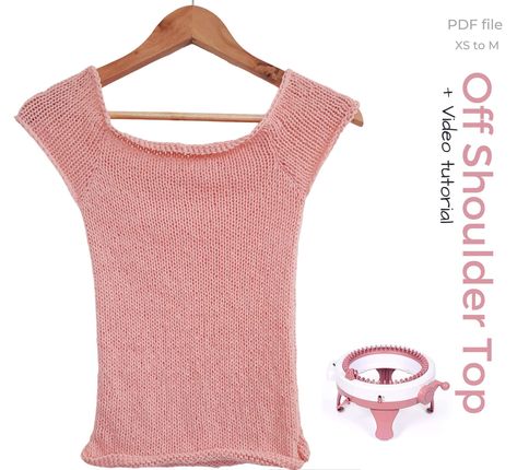 Off-Shoulder Top Knitting Pattern for Sentro or Addi Express Pink Off Shoulder Knit Top, Knitting Machine Tank Top, Knitting Machine Top, Easy Things To Knit For Beginners, Knitted Summer Tops, Knitting Machine Sweater, Knitted Dress Pattern, Easy Knit Top, Off Shoulder Pattern