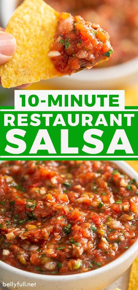 This quick and easy Restaurant Style Salsa takes just minutes to make using a mix of fresh veggies and canned goods, all in your blender. It's packed with fresh flavors and tastes like that smooth salsa from your favorite Mexican restaurant! Easy Restaurant Style Salsa, Quick Easy Salsa Recipes, Mild Restaurant Style Salsa, How Do You Make Salsa, Salsa Recipe Medium, Easy Home Made Salsa, Homemade Salsa Restaurant Style, Flavorful Salsa Recipe, Easy Restaurant Style Blender Salsa