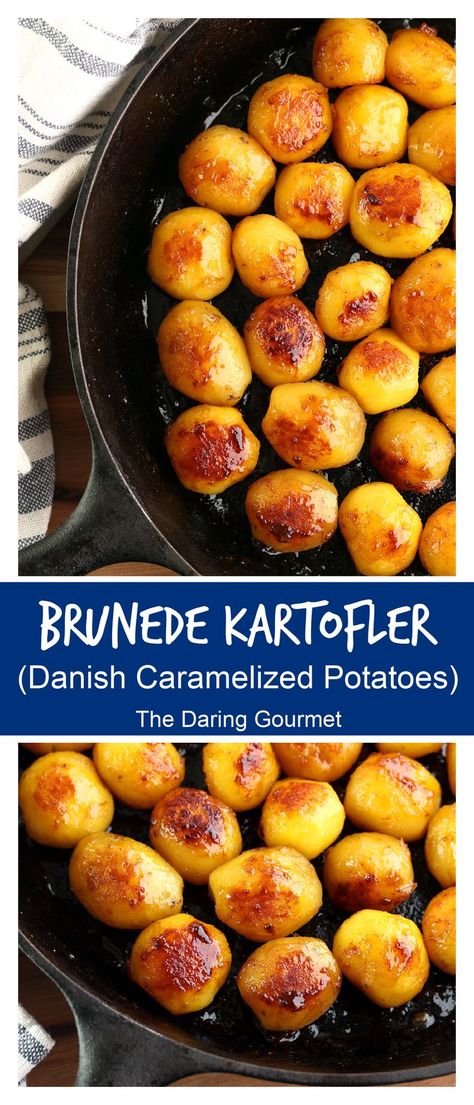 Brunede Kartofler (Danish caramelized potatoes) is a popular and traditional side dish in Denmark, enjoyed especially at Christmas. The potatoes are browned in caramelized sugar, transforming otherwise plain boiled potatoes into something truly special! Danish Lunch Ideas, Danish Potatoes Recipes, Swedish Potatoes Recipes, Traditional Danish Food, Denmark Food Recipes, Carmelized Potatoes, Danish Recipes Denmark, Scandinavian Food Recipes, Danish Christmas Food