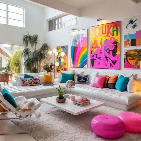 Two Colored Walls Living Room, Primary Color Living Room Ideas, Boho Pop Art Interior Design, Art Decor Apartment, Pop Color Living Room, Simple Bright Living Room, Modern And Colorful Living Room, Living Space Interior Design, White With Colorful Accents