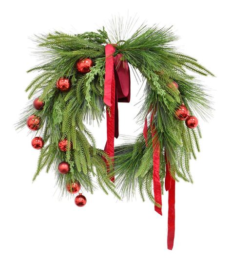 22" Christmas Pine & Red Bauble With Bow Drooping Wreath by Bloom Room | JOANN Outdoor Wreaths On House, Christmas Wreaths For Windows, Red Baubles, Christmas Banister, Outdoor Christmas Wreaths, Bauble Wreath, Window Wreath, Holiday Wreaths Diy, Red Wreath