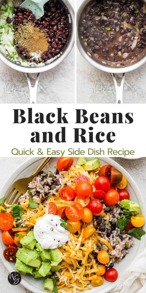 Black Beans & Rice - a quick and easy recipe for making the most flavorful black beans and rice you have ever tasted! Option to enjoy on their own with fresh toppings or serve alongside your favorite main dish. A new family favorite that everyone is going to love! Made with real, simple ingredients in less than 30 minutes. This recipe is gluten-free and vegetarian. Black Beans And Rice Recipe Mexican, Rice And Black Beans Recipe, Black Beans And Rice Recipe, Black Bean And Rice Recipes, Beans And Rice Recipes, Seasoned Black Beans Recipe, Black Rice Recipe, Quick Easy Side Dishes, Ital Food