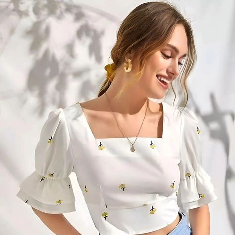 The elegance of a woman in a white shirt 😍 Effortlessly chic and always on point #stylegoals #classy #trending #style #looks Funky Shirt Outfit Women, Hakoba Tops Casual, T Shirt Crop Top Outfit, New Crop Top Designs, Trendy Tops For Women Classy, Crop Top Designs For Women, Cute Korean Tops, White Cropped Shirt Outfit, Top For Girls Stylish