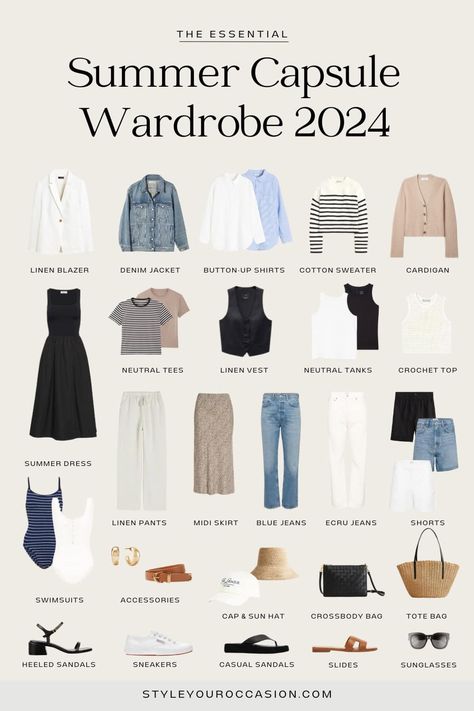 Looking for the perfect summer capsule wardrobe 2024? Here it is! This chic, minimal, neutral capsule wardrobe includes a full checklist and pieces to create the most effortless and stylish outfits for pretty much everyone - mom, over 40, plus size, etc. If you work from home or in a casual office setting this capsule is great for you too! Summer Capsule Wardrobe Checklist, Summer Effortless Outfits, Spring Summer Wardrobe 2024, Styles For Moms Cute Outfits, Gap Capsule Wardrobe, Minimal Summer Wardrobe, Casual Outfits 2024 Women, 2024 Capsule Wardrobe Summer, Summer 2024 Wardrobe