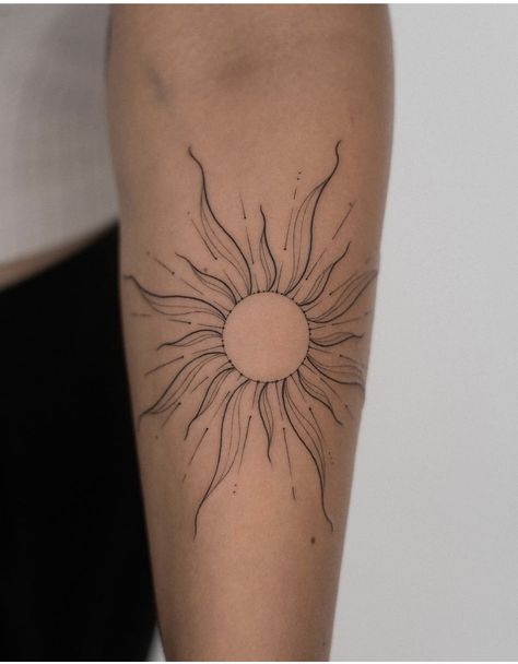 Wrapped Arm Tattoos For Women, Outer Arm Tattoos For Women Forearm, Tattoo Ideas Female Inside Arm, Womens Sun Tattoo, Sun On The Shoulder Tattoo, Sun On Fire Tattoo, Fingerprint Sun Tattoo, Sun On Chest Tattoo, Sun Back Arm Tattoo