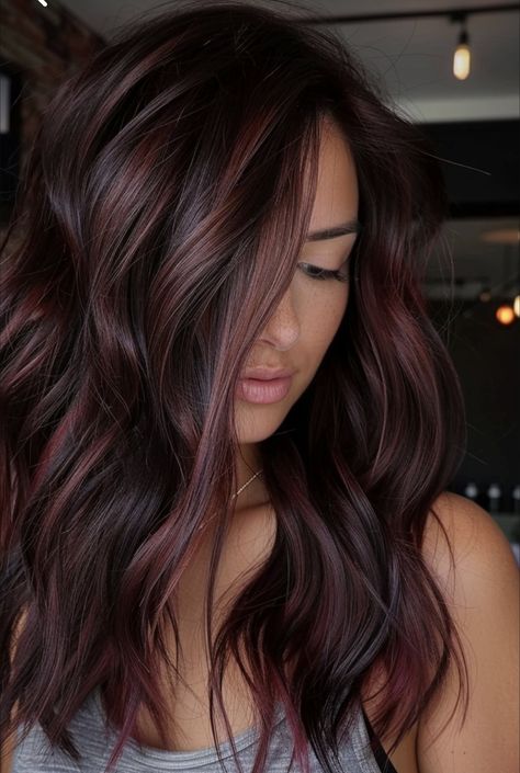 Red Pieces In Hair, Dark Plum Balayage Hair, Hair Color Ideas Cherry Red, Cherry Red Hair With Black Highlights, Brown Hair Cherry Highlights, Maroon And Brown Hair, Dark Hair With Red Lowlights, Rich Auburn Brown Hair, Dark Brown Hair With Maroon Highlights