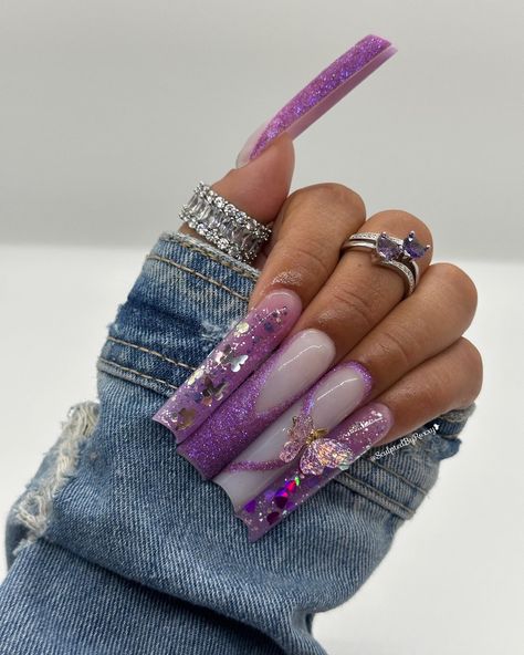 Purple And White Nails Acrylic, Long Purple And White Acrylic Nails, Butterfly Encapsulated Nails, Purple Butterfly Nails, Purple Birthday Nails Butterfly, Purple Nails With Butterflies And Rhinestones, Long Acrylic Nails Purple Butterfly, Purple Xxl Nails, Purple And Silver Nails