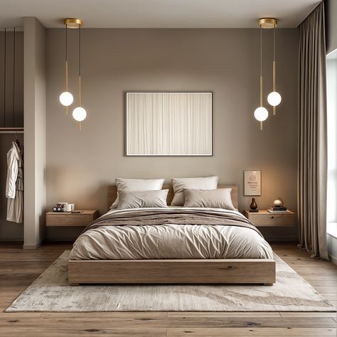 Beautiful Main Bedrooms, Bed Side Hanging Lights, Cool Bedroom Lighting Ideas, Bedroom Lighting Ideas Modern, Pendants Over Nightstands, Modern Comfy Bedroom, Modern Bedroom Beige, Beige Master Bedrooms Decor, Master Bedrooms Decor Elegant