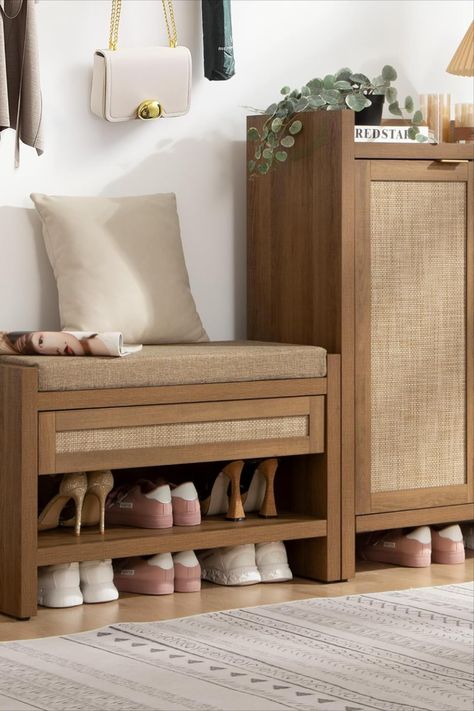 #rattan shoe bench with #linen seat cushion and  #storage for hallway/entryway. ideal for small apartments and houses. Boho Shoe Rack, Small Hallway Bench, Entryway Bench With Storage, Bench For Entryway, Bench With Shelf, Shoe Rack With Seat, Shoe Store Design, Shoe Bench Entryway, Wooden Storage Bench