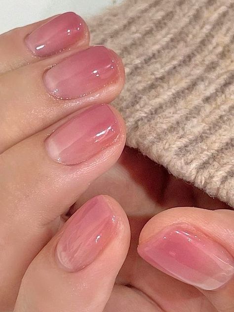 translucent dusty pink ombre nails Jelly Nails On Tan Skin, Jelly Style Nails, Soft Pink Jelly Nails, Pink Nails Translucent, Clear Nails Shellac, Colored Clear Nails, Jelly Nails Manicure, Light Pink Jelly Nails Almond, Jelly Water Pink Nails