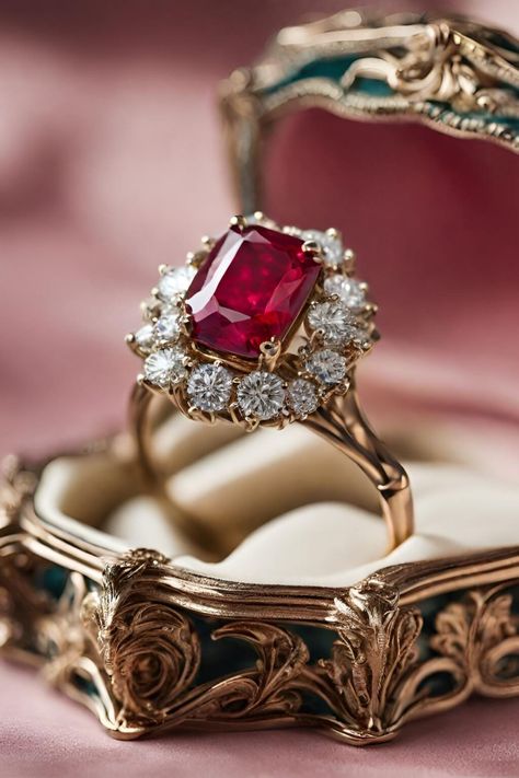 23 Best Ruby Engagement Rings - Vintage, Emerald Cut, Oval & More - Jewelry Material Guide Ruby Emerald Cut Engagement Ring, Ruby Engagement Ring Gold Vintage, Red Ruby Engagement Ring, Emerald Cut Ruby Engagement Ring, Emerald Cut Ruby Ring, Vintage Ruby Engagement Ring, Rubi Ring, Vintage Gemstone Engagement Rings, Real Emerald Necklace