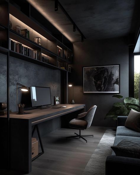 Dark And Moody Office Modern, Dark Luxury Home Interior, Home Battlestation, Modern Mens Home Office, Home Interior Design Industrial, Small Black Office Ideas, Masculine Studio Apartment Small Spaces, Modern Office For Men, Study Gaming Room